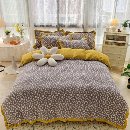 金爱家 2021新款高克重牛奶绒四件套 小雏菊灰