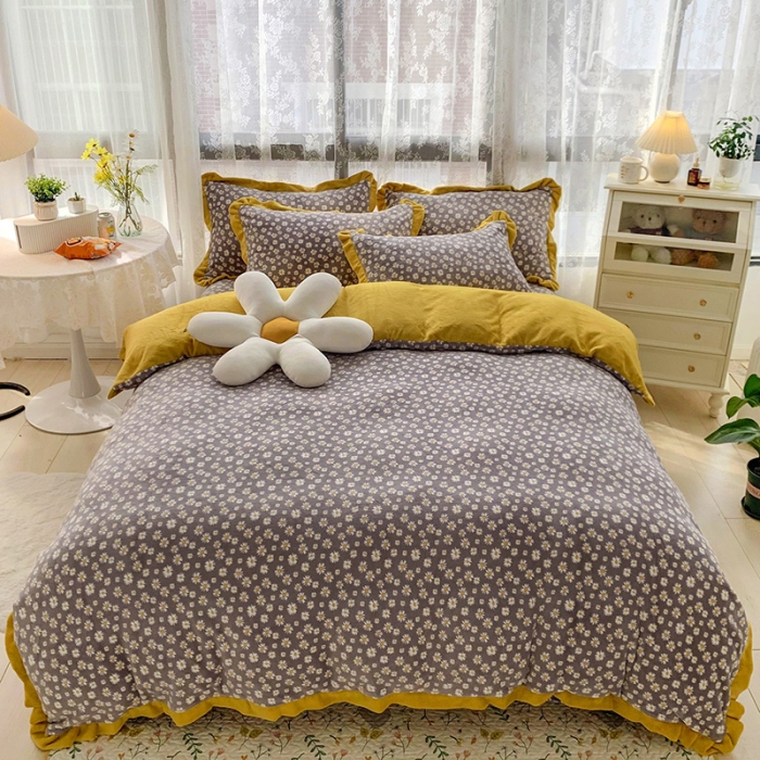 91家纺网 家纺一手货源 找家纺 金爱家 2021新款高克重牛奶绒四件套 小雏菊灰