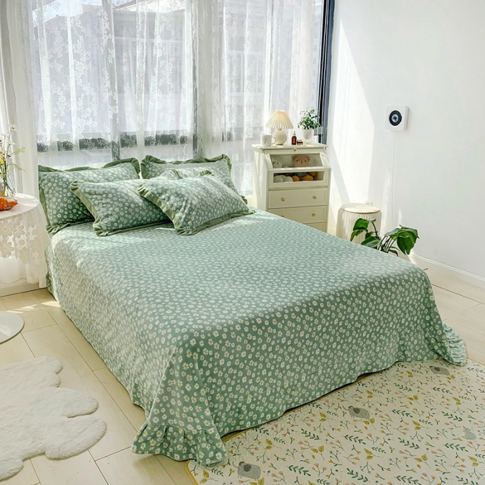 91家纺网 家纺一手货源 找家纺 金爱家 2021新款高克重牛奶绒四件套 小雏菊绿