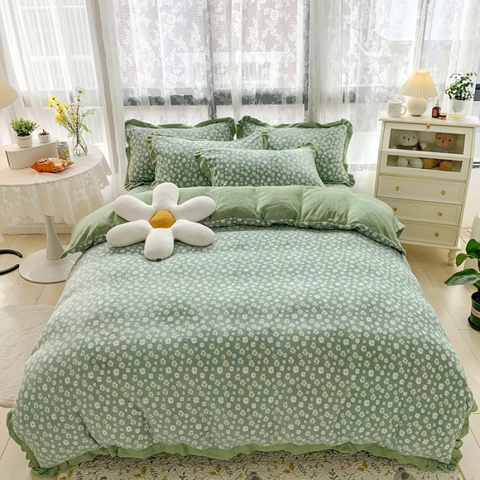 91家纺网 家纺一手货源 找家纺 金爱家 2021新款高克重牛奶绒四件套 小雏菊绿