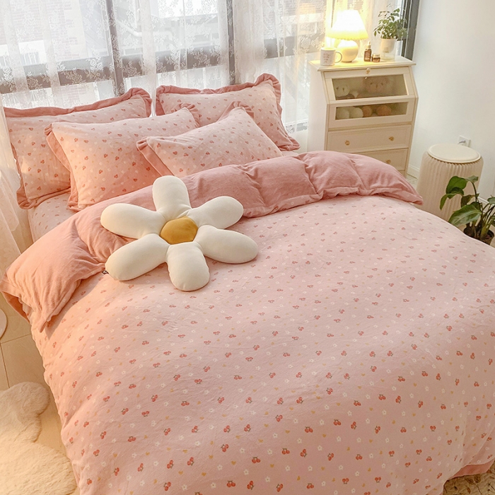 91家纺网 家纺一手货源 找家纺 金爱家 2021新款高克重牛奶绒四件套 樱花草