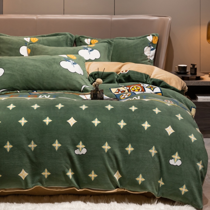 91家纺网 家纺一手货源 找家纺 芯贝儿2021轻奢简约加厚牛奶绒保暖四件套法莱宝宝绒被套 梦伴绿