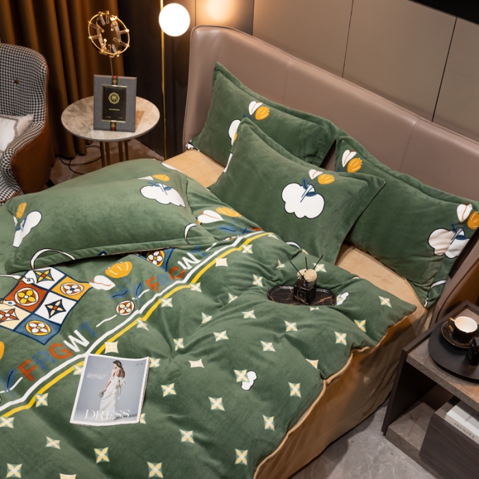 91家纺网 家纺一手货源 找家纺 芯贝儿2021轻奢简约加厚牛奶绒保暖四件套法莱宝宝绒被套 梦伴绿