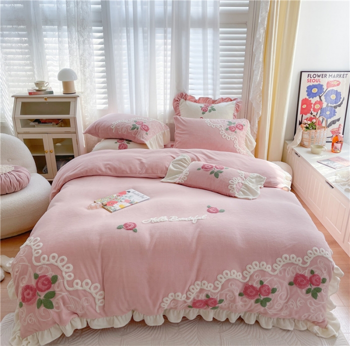 91家纺网 家纺一手货源 找家纺 （总）星野 2021新款高克重全消光牛奶绒四件套-水漾玫瑰