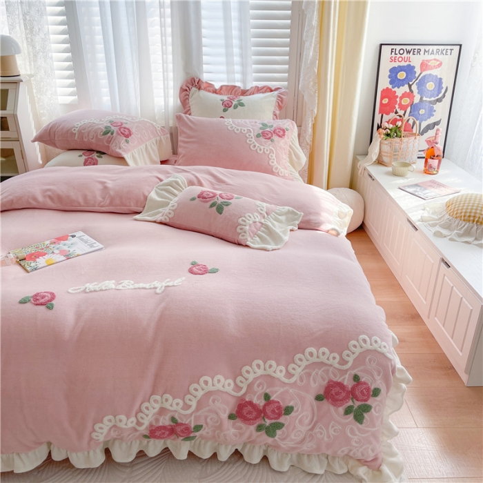 91家纺网 家纺一手货源 找家纺 （总）星野 2021新款高克重全消光牛奶绒四件套-水漾玫瑰