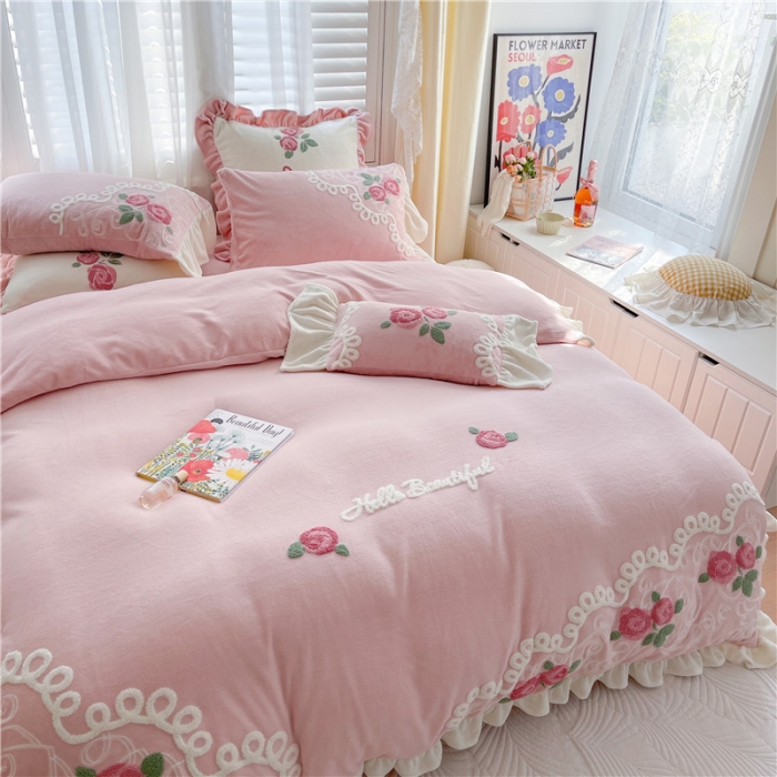 91家纺网 家纺一手货源 找家纺 （总）星野 2021新款高克重全消光牛奶绒四件套-水漾玫瑰