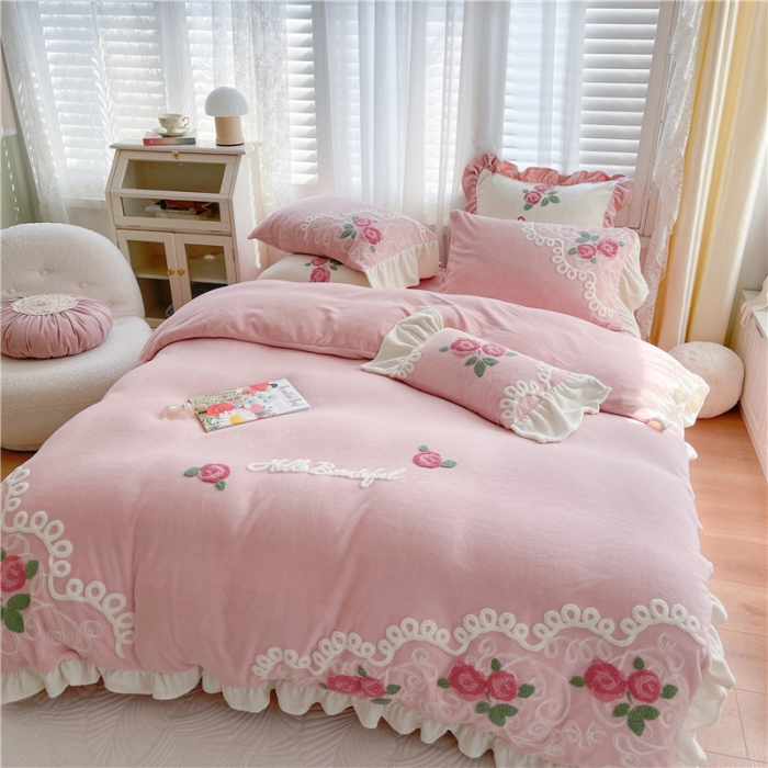 91家纺网 家纺一手货源 找家纺 （总）星野 2021新款高克重全消光牛奶绒四件套-水漾玫瑰