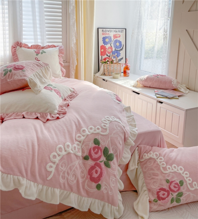 91家纺网 家纺一手货源 找家纺 （总）星野 2021新款高克重全消光牛奶绒四件套-水漾玫瑰