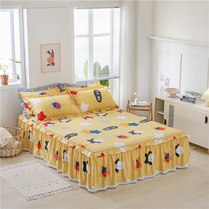 91家纺网 家纺一手货源 找家纺 纽缦 2021新款上下单层床裙 喵星球黄