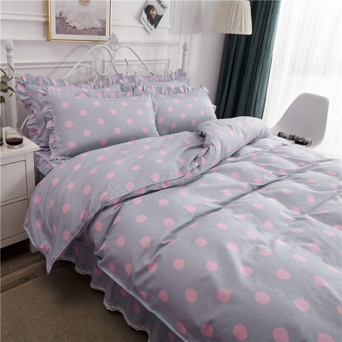 91家纺网 家纺一手货源 找家纺 纽缦 2021新款上下边床裙四件套 粉波点