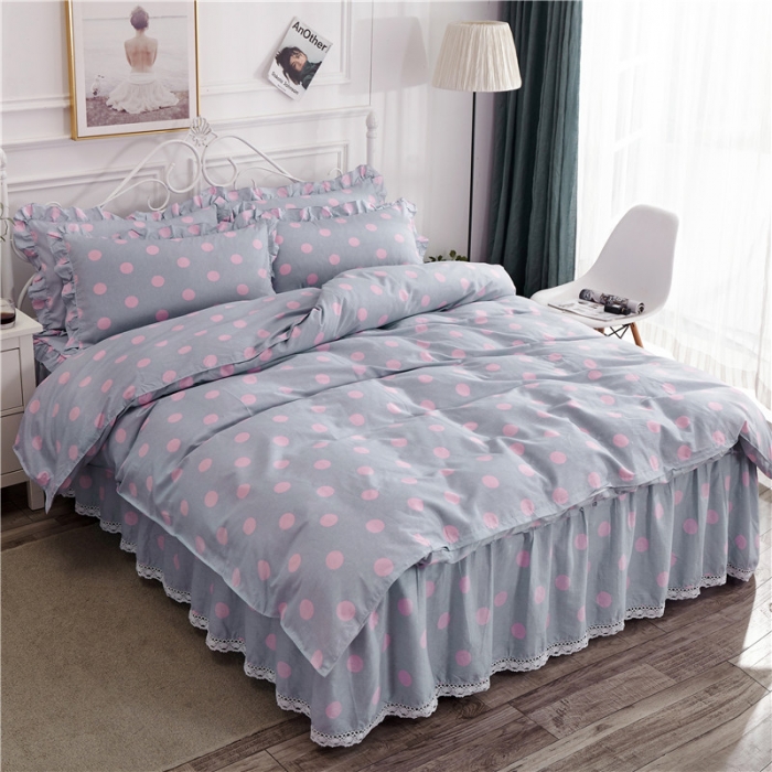 91家纺网 家纺一手货源 找家纺 纽缦 2021新款上下边床裙四件套 粉波点