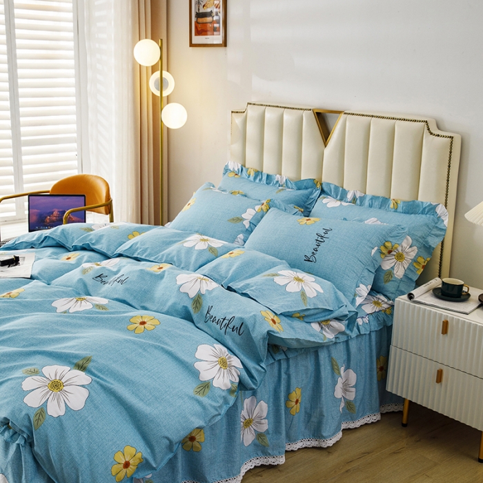 91家纺网 家纺一手货源 找家纺 纽缦 2021新款上下边床裙四件套 花开半夏绿