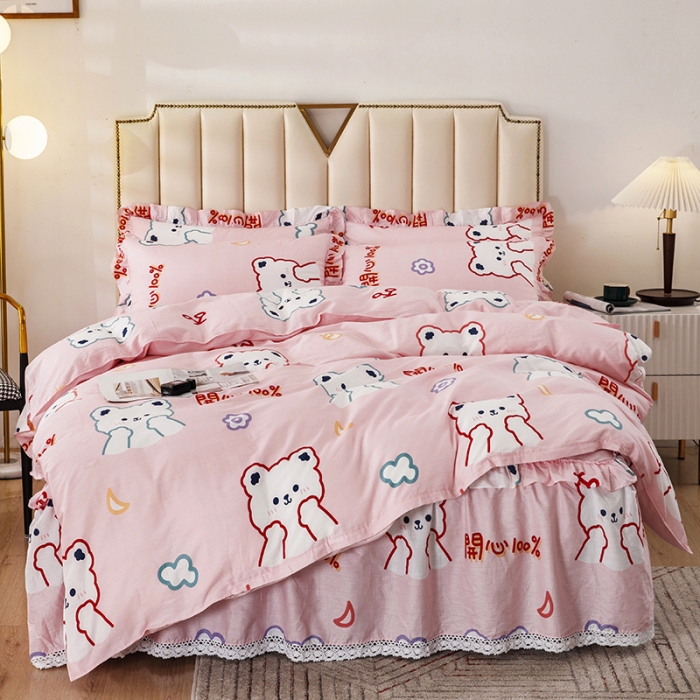 91家纺网 家纺一手货源 找家纺 纽缦 2021新款上下边床裙四件套 萌萌熊