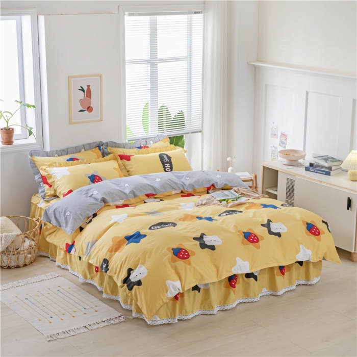 91家纺网 家纺一手货源 找家纺 纽缦 2021新款上下边床裙四件套 喵星球黄