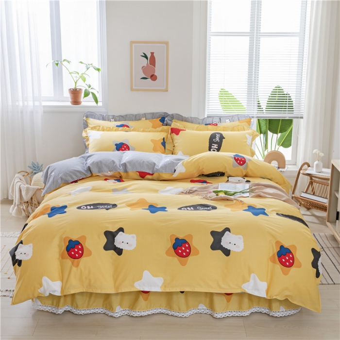 91家纺网 家纺一手货源 找家纺 纽缦 2021新款上下边床裙四件套 喵星球黄