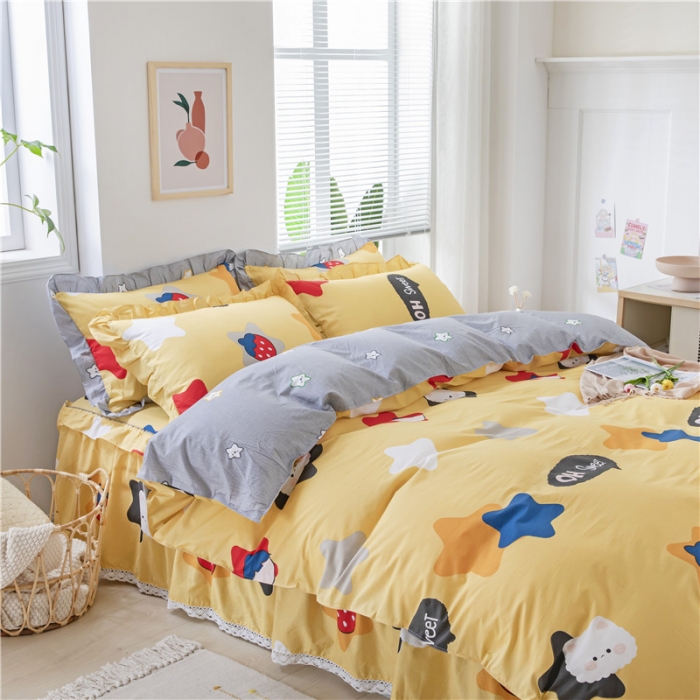 91家纺网 家纺一手货源 找家纺 纽缦 2021新款上下边床裙四件套 喵星球黄