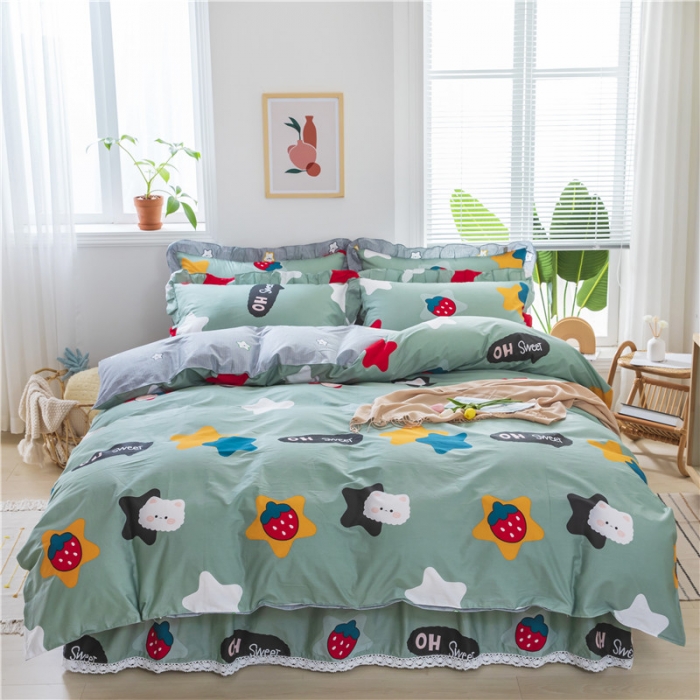 91家纺网 家纺一手货源 找家纺 纽缦 2021新款上下边床裙四件套 喵星球绿