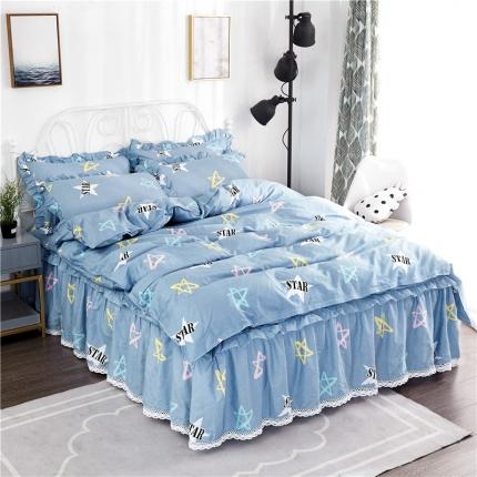 91家纺网 家纺一手货源 找家纺 纽缦 2021新款上下边床裙四件套 星梦缘蓝