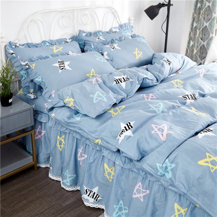 91家纺网 家纺一手货源 找家纺 纽缦 2021新款上下边床裙四件套 星梦缘蓝