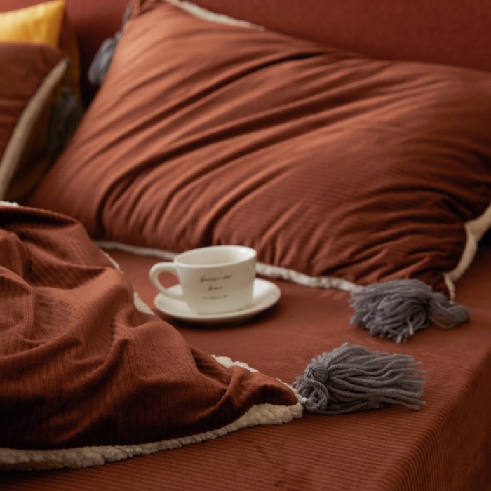 91家纺网 家纺一手货源 找家纺 六巷胡同  2021新款复古轻奢风意大利灯芯绒四件套 可可咖