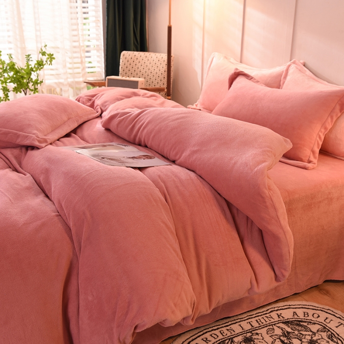 91家纺网 家纺一手货源 找家纺 艾米家居  2021新款纯色拼色牛奶绒系列四件套 豆沙