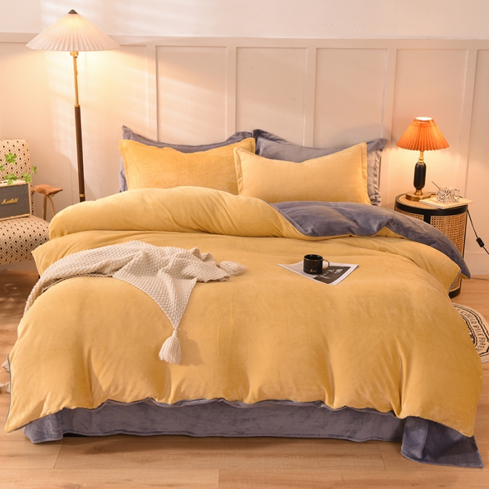 91家纺网 家纺一手货源 找家纺 艾米家居  2021新款纯色拼色牛奶绒系列四件套 黄+灰