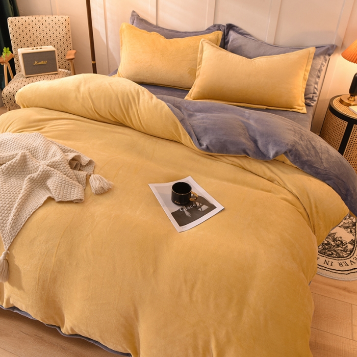 91家纺网 家纺一手货源 找家纺 艾米家居  2021新款纯色拼色牛奶绒系列四件套 黄+灰