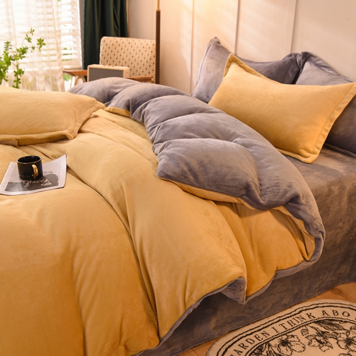 91家纺网 家纺一手货源 找家纺 艾米家居  2021新款纯色拼色牛奶绒系列四件套 黄+灰