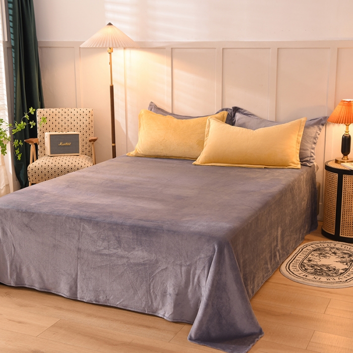 91家纺网 家纺一手货源 找家纺 艾米家居  2021新款纯色拼色牛奶绒系列四件套 黄+灰