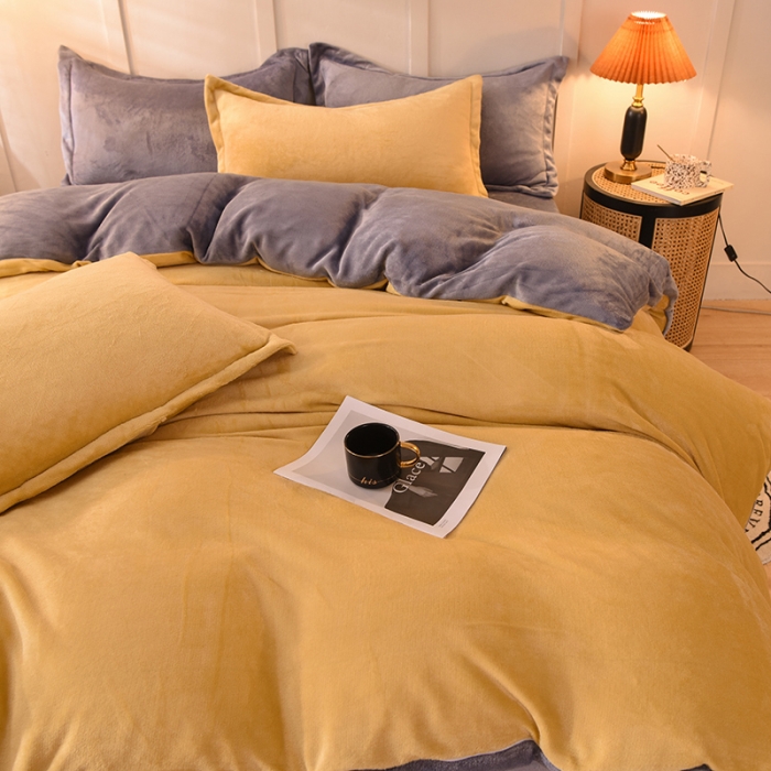 91家纺网 家纺一手货源 找家纺 艾米家居  2021新款纯色拼色牛奶绒系列四件套 黄+灰