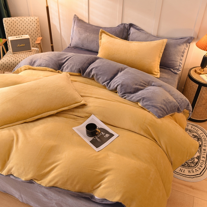 91家纺网 家纺一手货源 找家纺 艾米家居  2021新款纯色拼色牛奶绒系列四件套 黄+灰