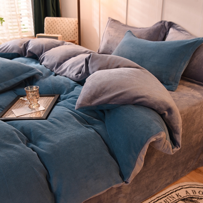 91家纺网 家纺一手货源 找家纺 艾米家居  2021新款纯色拼色牛奶绒系列四件套 蓝+灰