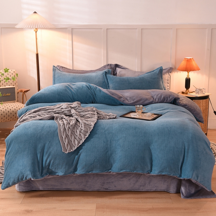 91家纺网 家纺一手货源 找家纺 艾米家居  2021新款纯色拼色牛奶绒系列四件套 蓝+灰