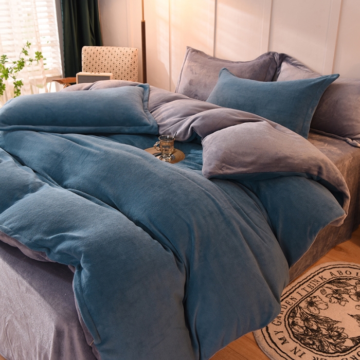 91家纺网 家纺一手货源 找家纺 艾米家居  2021新款纯色拼色牛奶绒系列四件套 蓝+灰