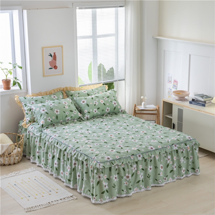 91家纺网 家纺一手货源 找家纺 纽缦 2021新款上下边单件夹棉床裙 可可佳人绿