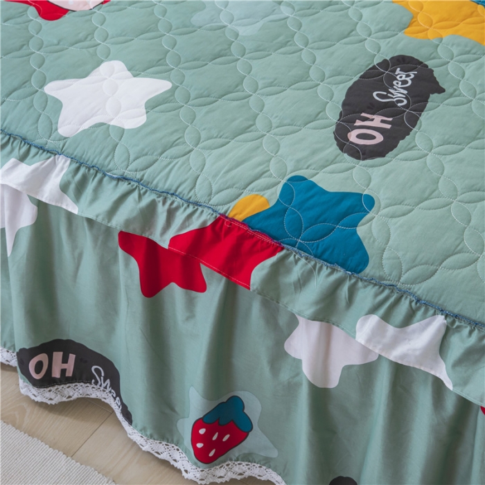 91家纺网 家纺一手货源 找家纺 纽缦 2021新款上下边单件夹棉床裙 喵星球绿