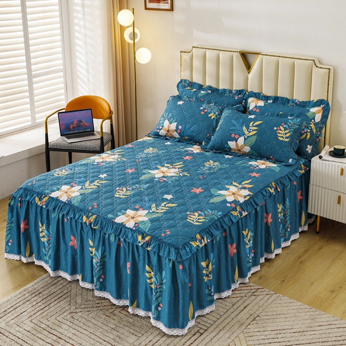 91家纺网 家纺一手货源 找家纺 纽缦 2021新款上下边单件夹棉床裙 油菜花兰