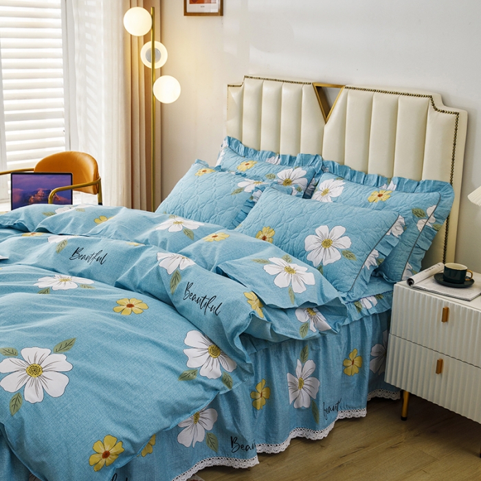 91家纺网 家纺一手货源 找家纺 纽缦 2021新款上下边夹棉床裙四件套 花开半夏绿