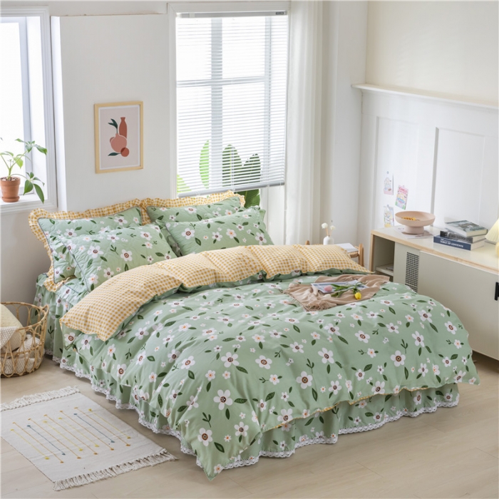 91家纺网 家纺一手货源 找家纺 纽缦 2021新款上下边夹棉床裙四件套 可可佳人绿