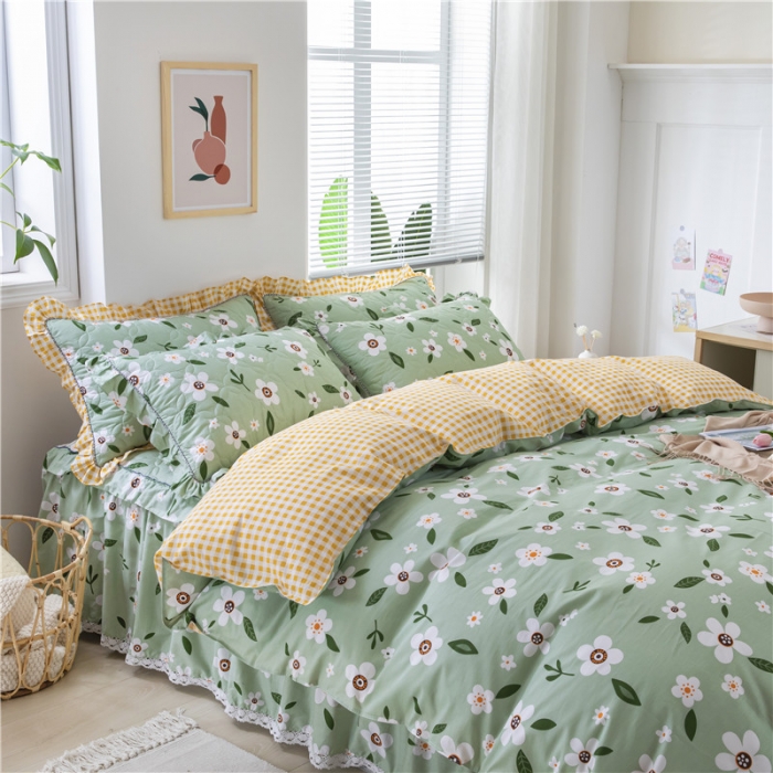 91家纺网 家纺一手货源 找家纺 纽缦 2021新款上下边夹棉床裙四件套 可可佳人绿