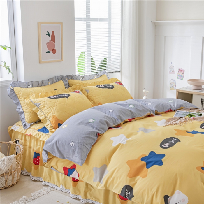 91家纺网 家纺一手货源 找家纺 纽缦 2021新款上下边夹棉床裙四件套 喵星球黄