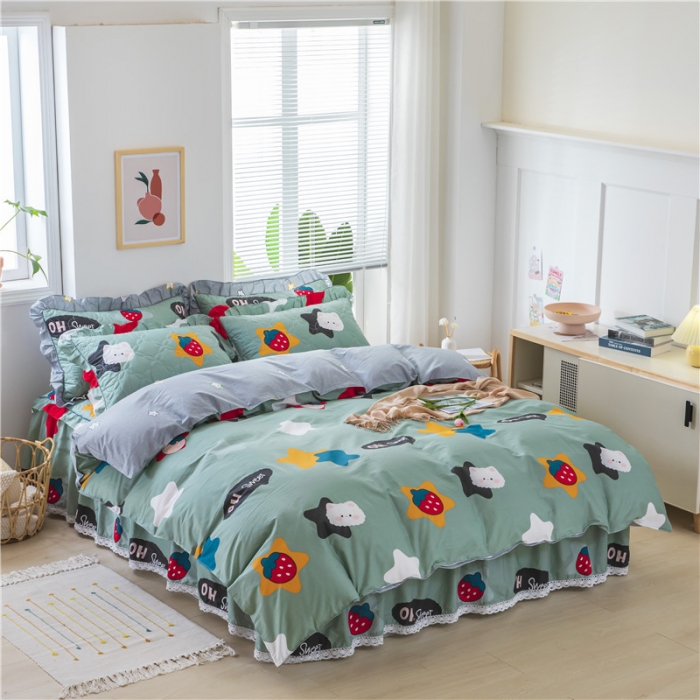 91家纺网 家纺一手货源 找家纺 纽缦 2021新款上下边夹棉床裙四件套 喵星球绿