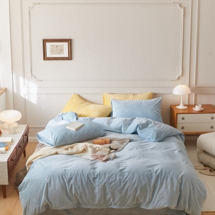 2021新款高克重简约北欧风牛奶绒天鹅绒法莱绒四件套 淡蓝色