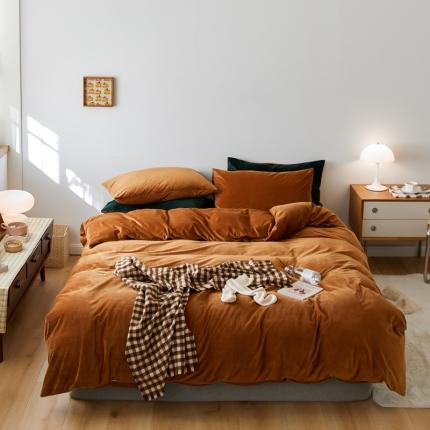 2021新款高克重简约北欧风牛奶绒天鹅绒法莱绒四件套 焦糖色