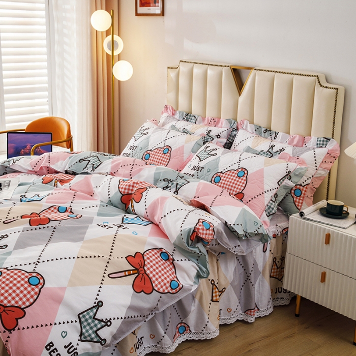 91家纺网 家纺一手货源 找家纺 纽缦 2021新款上下边夹棉床裙四件套 糖果熊