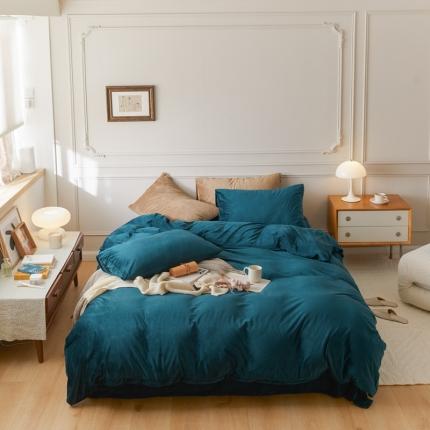 2021新款高克重简约北欧风牛奶绒天鹅绒法莱绒四件套 文艺蓝