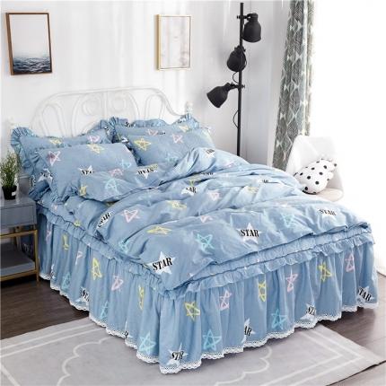 91家纺网 家纺一手货源 找家纺 纽缦 2021新款上下边夹棉床裙四件套 星梦缘蓝