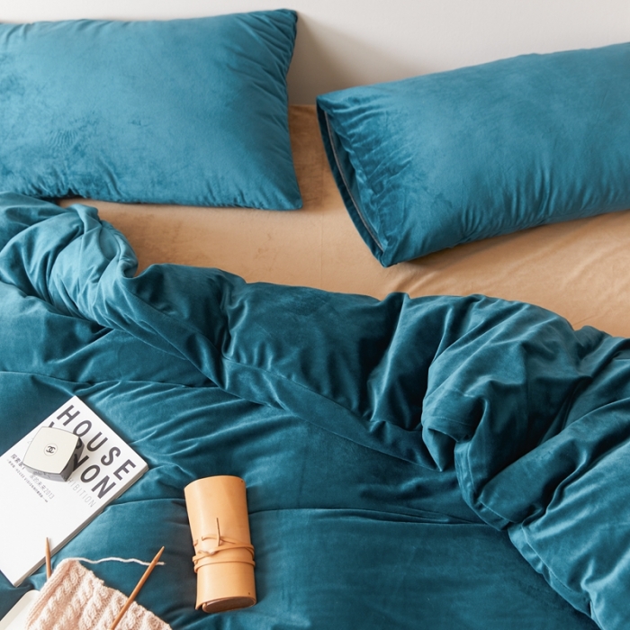 91家纺网 家纺一手货源 找家纺 2021高克重北欧风牛奶绒天鹅绒法莱绒四件套 文艺蓝+卡其