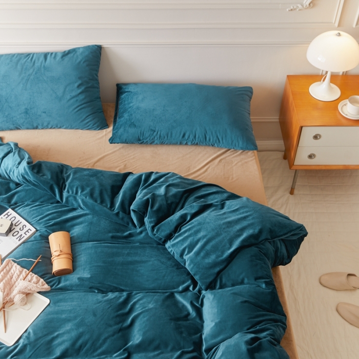 91家纺网 家纺一手货源 找家纺 2021高克重北欧风牛奶绒天鹅绒法莱绒四件套 文艺蓝+卡其