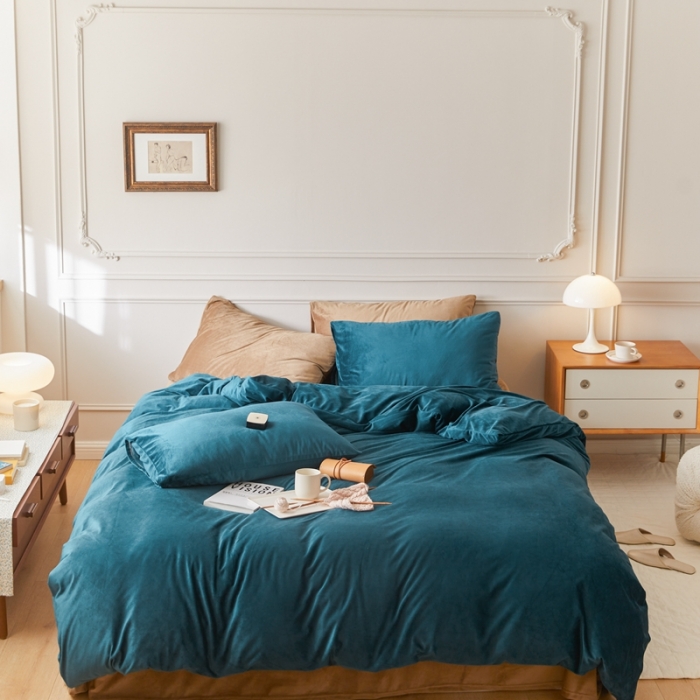 91家纺网 家纺一手货源 找家纺 2021高克重北欧风牛奶绒天鹅绒法莱绒四件套 文艺蓝+卡其